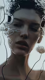 woman in water reflection looking at camera with eyes closed,a woman with her head in the water looking like bubbles