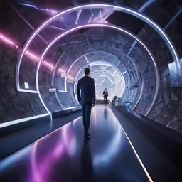 man walking inside of tunnel with neon lights
