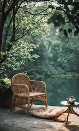a chair and table on a wooden deck by a lake