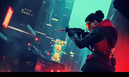 a person holding a rifle in a city