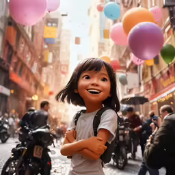a young girl is smiling at the camera in front of balloons