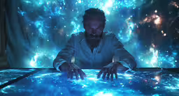 a man that is standing up in front of a glass table,a man is sitting in front of a projection screen