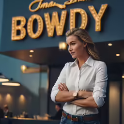a business woman standing in front of a broadway sign