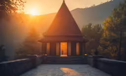 the sun is shining down on a temple structure in a scenic area