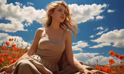 a woman sitting in the grass with flowers in the background