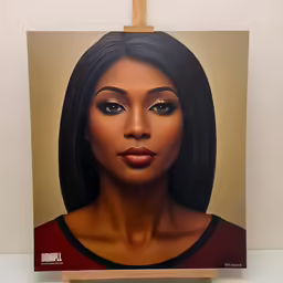 a portrait of a woman in black and red on the easel