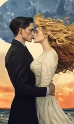 the image has the woman kissing the man and he is also holding his head