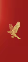 a red background with a golden bird on it,a golden bird flying in the air with a red background