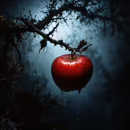 an apple hanging from a tree, with water dripping