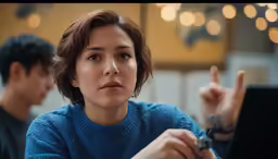 a woman in blue sweater sitting at a table with a laptop