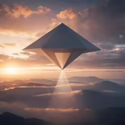 a picture of a large triangular object flying over a valley in the distance