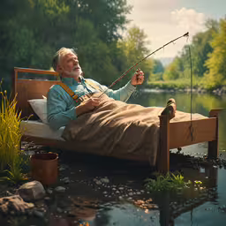 a man laying on a bed next to a lake with fish,an older man laying on a bed with fishing rod attached to it
