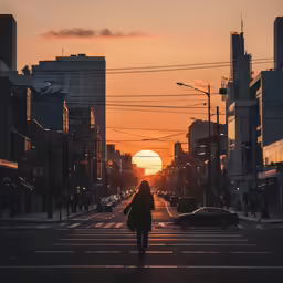 a person walking down the middle of a city street