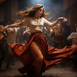 a woman wearing a red skirt standing in the rain