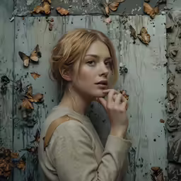 woman standing next to a wall covered in lots of butterflies