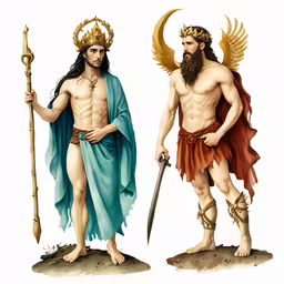 two statue - sized figures of the gods with big, naked chests