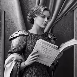 a woman reads a book next to a curtain