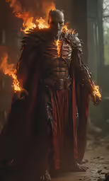 a demonic man in armor and red cape walking through a fire filled forest