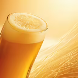 a glass full of some type of beverage with a slice of lemon