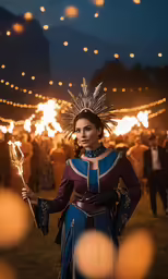 woman dressed in costume with torches at the outdoor festival