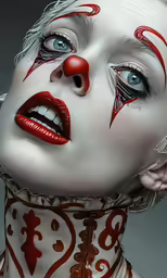 a creepy clown has painted the face and neck
