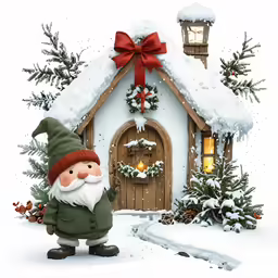 a christmas house with a statue in the snow