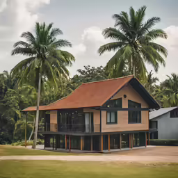 a very big house with some palm trees around it