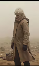 a man wearing gloves and trench coat walking in the sand