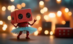 an orange box with eyes and ears holding a blue tutu