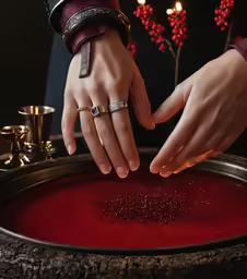a hand is touching something near a candle