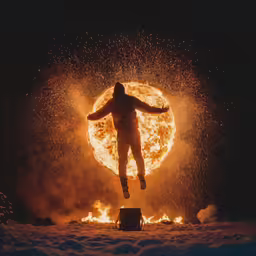 man on fire spinning fire over his head with arms outstretched