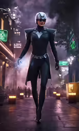a woman in black cat costume walking down the street