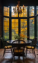there is a dining table with chairs and a chandelier