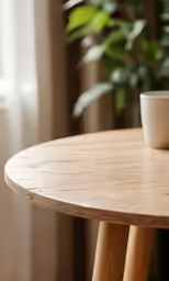 a white bowl sits on the edge of a round table