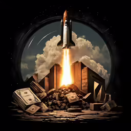 an image of a rocket taking off into space with money