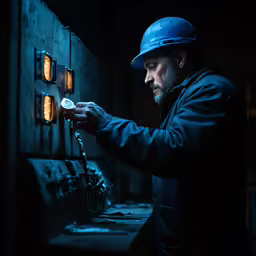 man in hard hat and working clothes looking at lights on the back