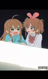two anime girls standing behind a white screen