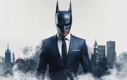 a man in a suit and mask wearing a black batman mask