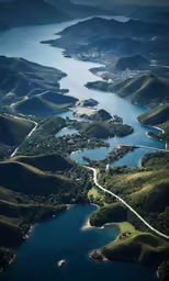aerial view of a lush green valley, lake and mountain range