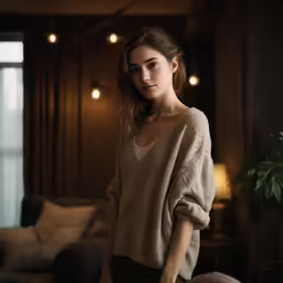 woman in grey sweater leaning on couch with wood walls and floor
