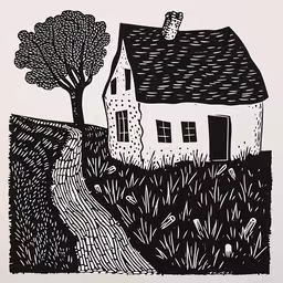 a picture of an house in the grass,an ink drawing of a house on top of a hill