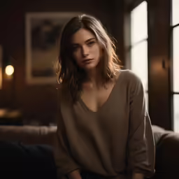 a woman sitting on top of a couch near a window