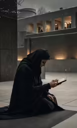 a person is sitting on a city floor using a cell phone