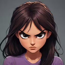 an anime girl with dark hair and a purple shirt