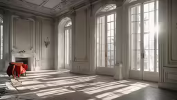 empty white room with large windows and fireplace