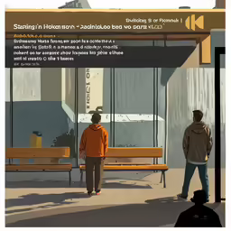 two men are walking near the benches outside a building