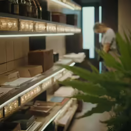 a person is looking at a shelf of objects