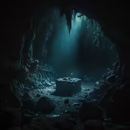 the scene is dark and there are caves with lights