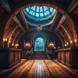 there is a wooden hall and stairs with lights