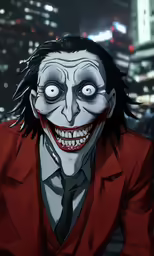 the joker from batman returns is smiling for the camera